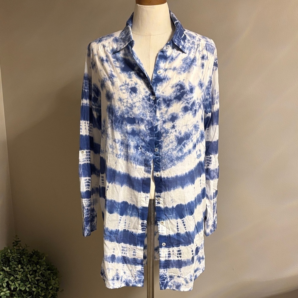 La Blanca Blue White Tie-Dye Button-Up beach coverup tunic Shirt dress cotton M